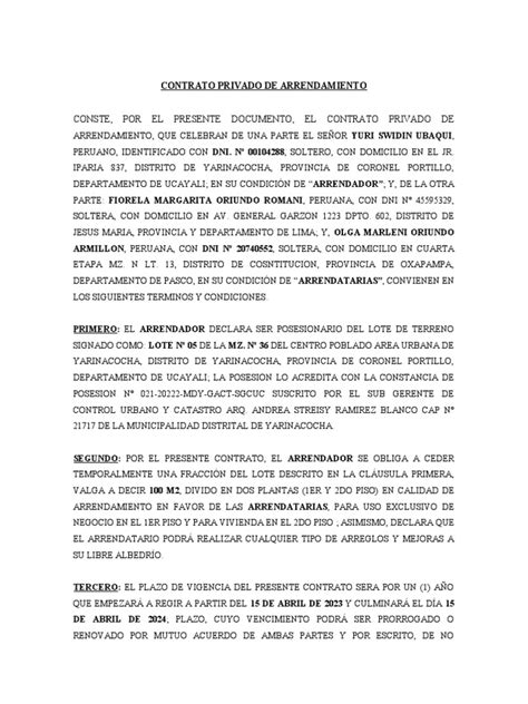 Contrato Privado De Arrendamiento Olga Oriundo Armillon Pdf Ley