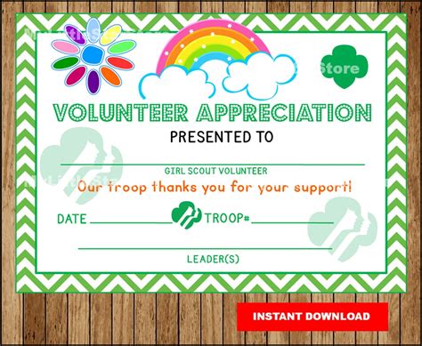 Girl Scout Volunteer Certificate Printable Girl Scouts Etsy