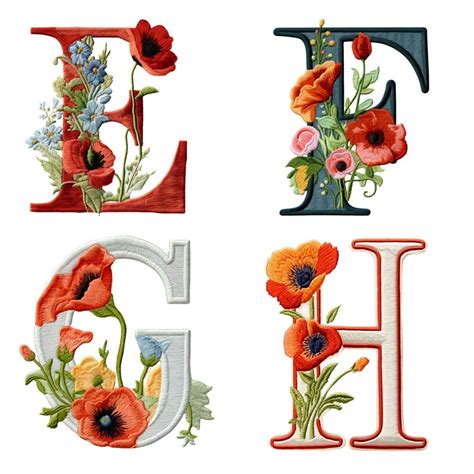 Faux Embroidery PNG Alphabet Bundle Poppy Flowers Alphabets PNG