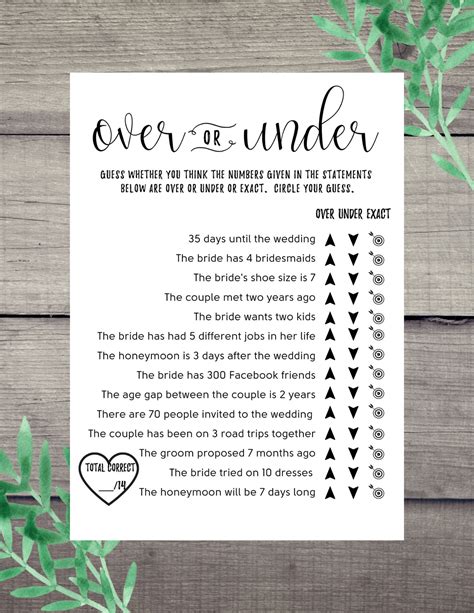 Over Or Under Bridal Shower Game Printable Instant Download Etsy