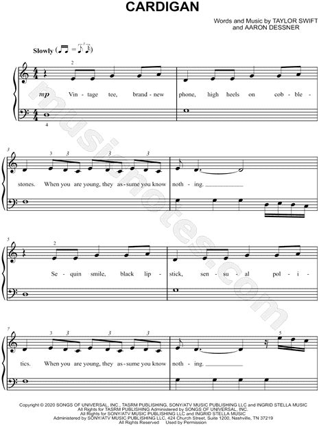 Print and download sheet music for cardigan by Taylor Swift. Sheet music arranged for Easy Piano ...