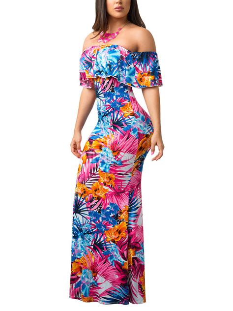 Floral Maxi Dress Long Summer Dress Off The Shoulder Half Sleeve Printed Shaping Bardot Dress