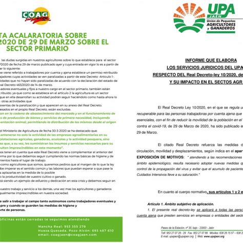 Comunicados De UPA Y COAG Nota Aclaratoria Sobre El RD 10 2020 De 29