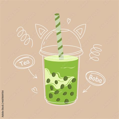 Boba Tea Asian Taiwanese Drink Hand Drawn Colored Trendy Vector