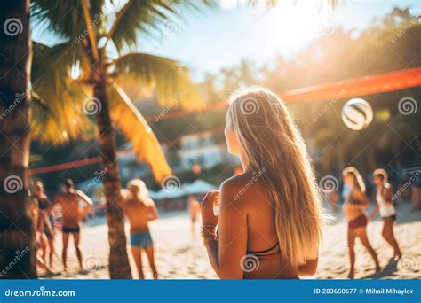 Back View Of Blonde Woman In Tropical Beach Volleyball Lifestyle Ai