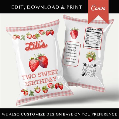 Editable Strawberry Chip Bag Template Printable Berry First Chip Bag