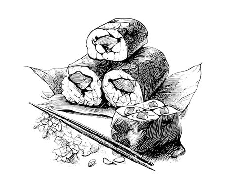 Premium Vector | A black and white drawing of sushi and chopsticks.