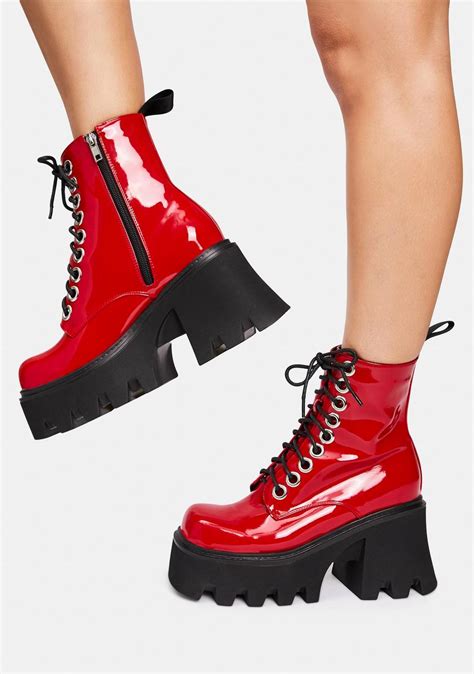 Lamoda Patent Vegan Leather Lace Up Boots Red Dolls Kill