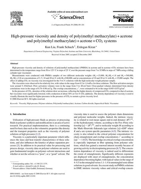 PDF High Pressure Viscosity And Density Of Poly Methyl Methacrylate