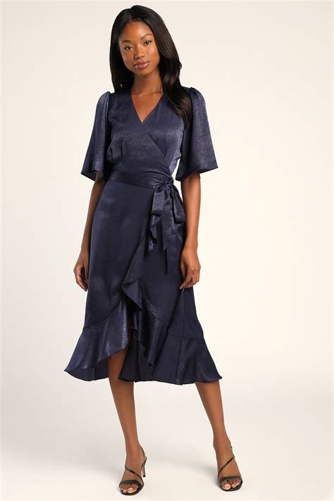 Navy Blue Dress Satin Dress Satin Wrap Dress Midi Dress Lulus