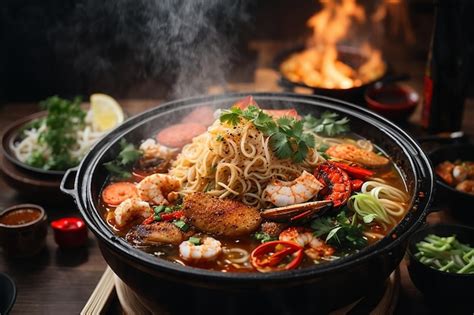 Premium Photo Noodles Spicy Boil With Seafood Shrimp Vegetable Food And Pork In Hot Pot