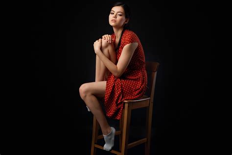 Black Background Chairs Brunette Girl Sitting Dress Hands Legs