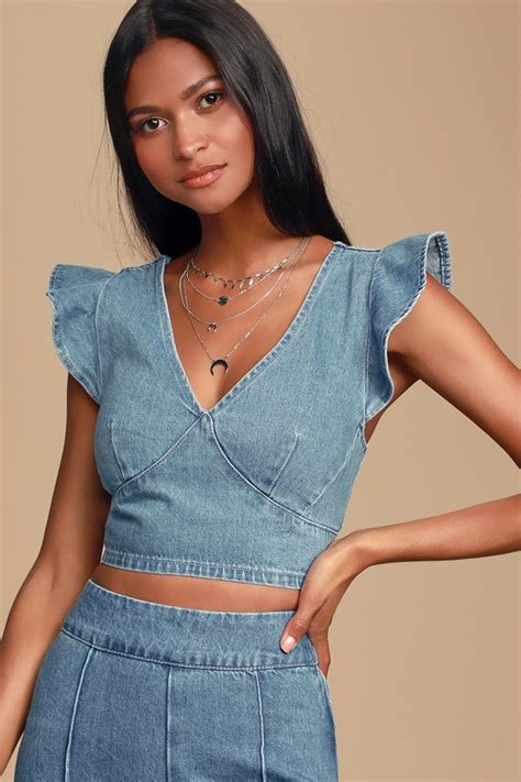 Cute Denim Top Denim Crop Top Ruffled Crop Top Lulus