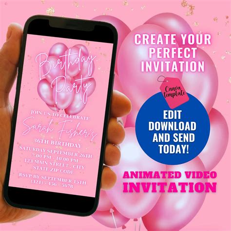 Electronic Pink Glitter Balloons Birthday Invitation Digital Etsy