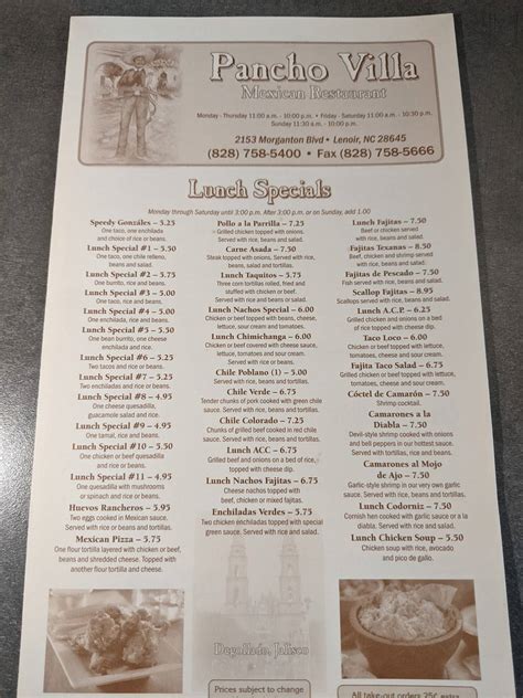 Menu At Pancho Villa Restaurant Lenoir
