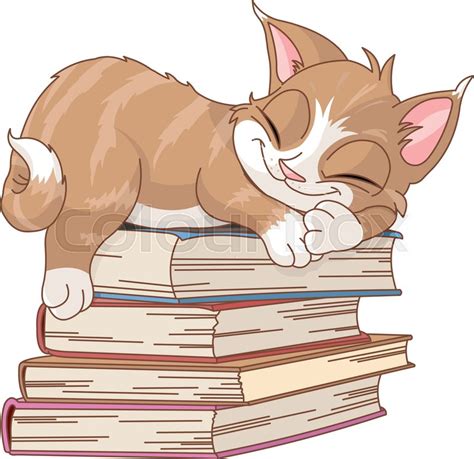 Cute Cat Are Sleeping On Pile Of Books Stock Vector Colourbox