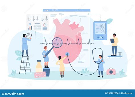 Heart Health Checkup Cardiology Tiny People Holding Stethoscope To