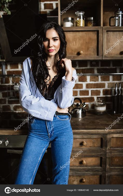 Beautiful Brunette In The Kitchen Modern Housewife Fashion Wooden