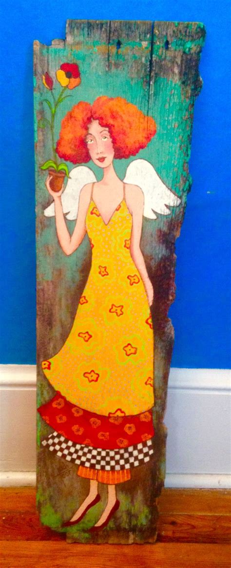 Whimsical Angel With A Flower From Her Garden She Is Hand Painted On A Old Weathered Piece Of