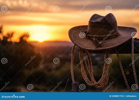 Cowboy Hat With Rope Hanging Loosely On The Side Of Head Against The