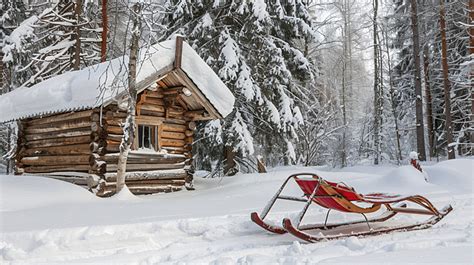 Snow Sled Outside Wooden Log Cabin Hut In Winter Background Hut