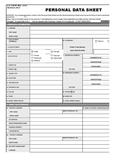 Cs Form No 212 Revised Personal Data Sheet New Pdf