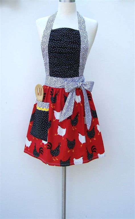 Country Kitchen Full Apron With Ruched Top Cute Chicken And Rooster Retro Apron Red And Black