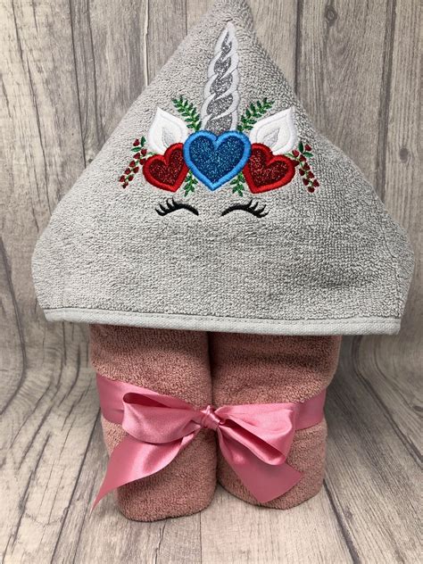 Hooded Towel Personalised Glitter Heart Unicorn Valentines Etsy