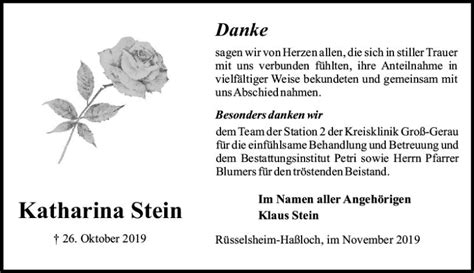 Traueranzeigen Von Katharina Stein Vrm Trauer De