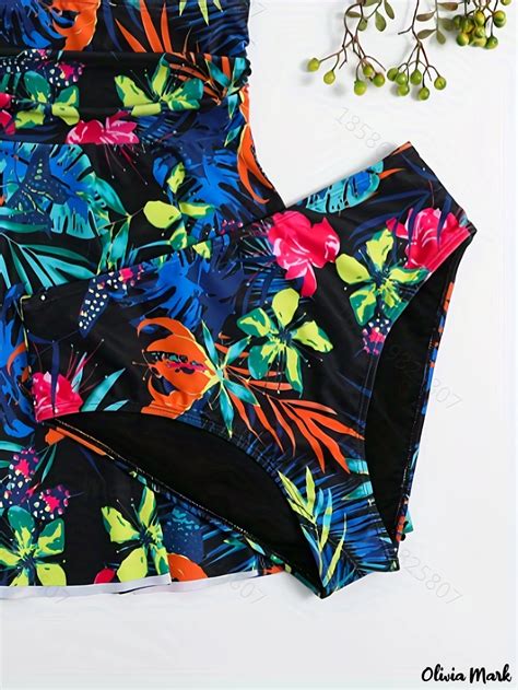 Olivia Mark Womens Plus Size High Stretch Tropical Print Two Piece