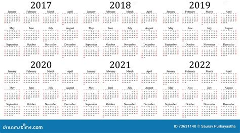 Sechsjahreskalender 2017 2018 2019 2020 2021 Und 2022 Vektor