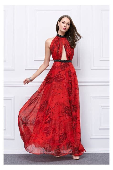 Red Printed Long Halter Open Back Prom Dress 85 Ck457