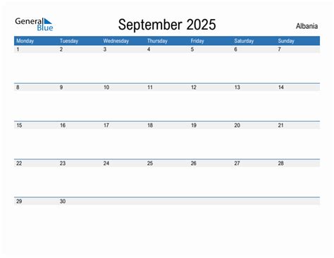 Editable September 2025 Calendar with Albania Holidays