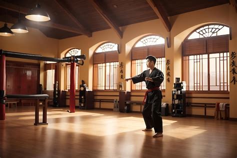 Premium Photo Martial Arts Man Practicing Martial Art In A Room With