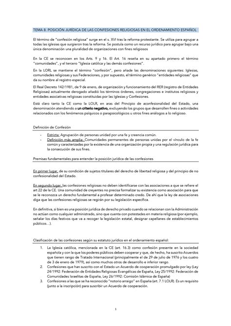 Tema 8 Derecho Eclesiastico 1 TEMA 8 POSICIÓN JURÍDICA DE LAS