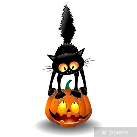 Wall Mural Scared Halloween Cat Cartoon scratching a Pumpkin - PIXERS.UK