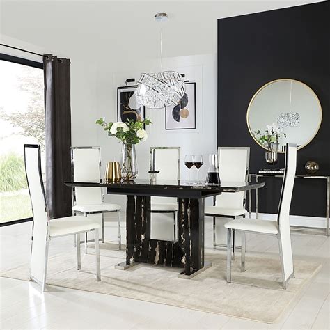 Florence Extending Dining Table And 6 Celeste Chairs Black Marble Effect White Classic Faux