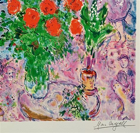 Marc Chagall Red Bouquet And Lovers Limited Edition Facsimile Signed