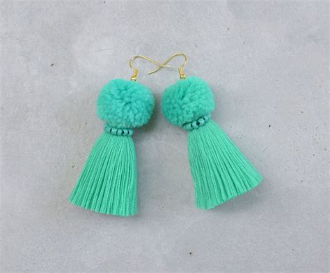 Seafoam Green Pom Pom Tassel Earrings Etsy