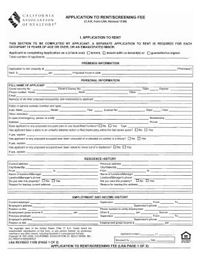 CAR Form LRA Rev 11 09 APPLICATION TO RENT SCREENING FEE Fill