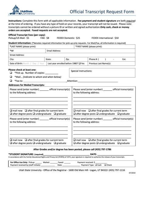 Official Transcript Request Form Utah State University Printable Pdf