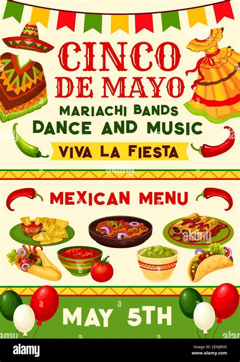 Cinco De Mayo Fiesta Party Poster With Mexican Holiday Traditional Food And Costume Sombrero