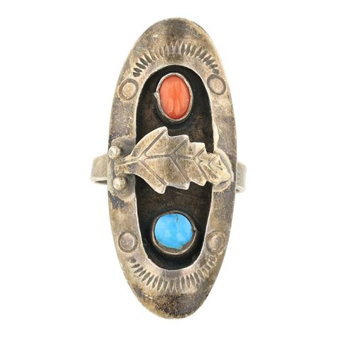 Lot Navajo Turquoise Coral Shadow Box Ring