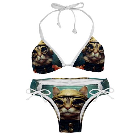 Retro Cat Adjustable Strap Bikini Set With Detachable Sponge Two Pack Ideal For All Swim Suit