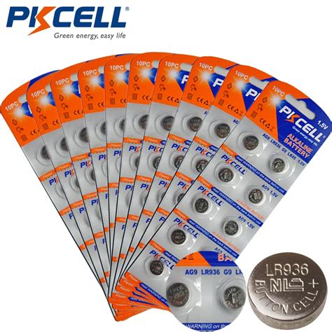 100PCS 10Card PKCELL AG9 Battery LR936 394 SR936SW LR45 1 5V Alkaline