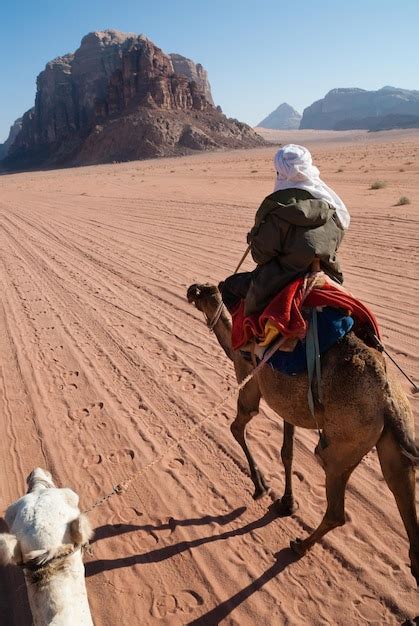 Vista Trasera De Una Persona Montando Un Camello En El Desierto Foto