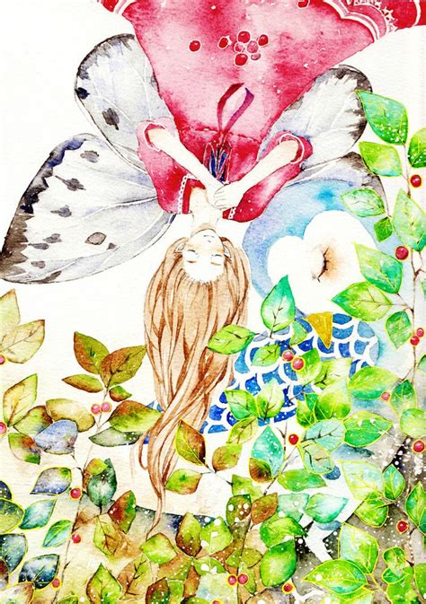 A Watercolor Painting Of A Girl With Flowers And Butterflies On Her