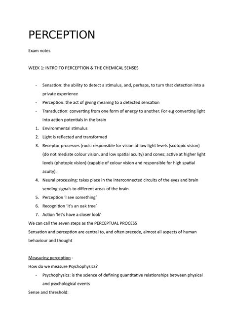 Perception Week1 Lecture Notes Week 1 PERCEPTION Exam Notes WEEK 1