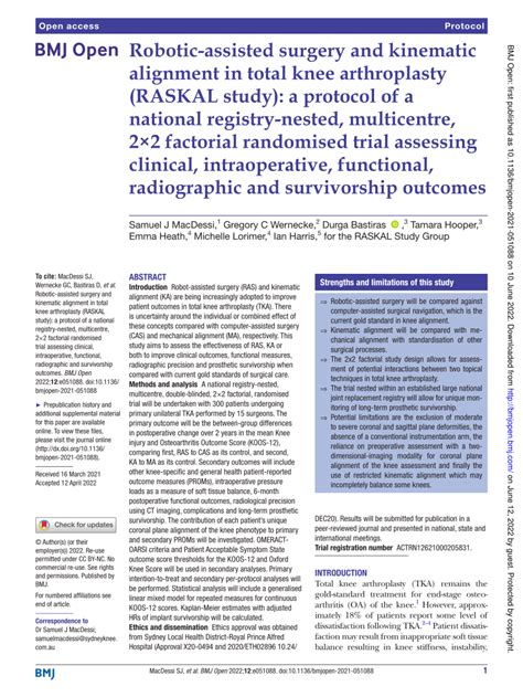 Pdf Robotic Assisted Surgery And Kinematic Alignment In Total Knee