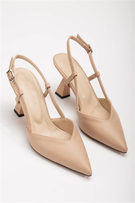 Büyük Numara Yan Direkli V Yüzlü Cilt Nude Kadın Topuklu Ayakkabı